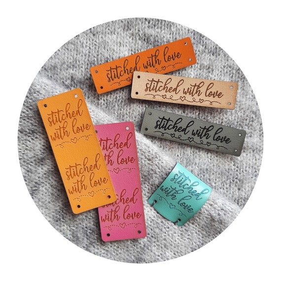 10x tags "Stitched with love" flat center fold premium PVC leather labels. Labels for knitting, crocheting, sewing. Clothing labels. DIY.