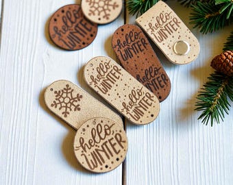 5x Winter & Christmas Faux Leather Tags; Washable Festive Handmade Labels for Knitting, Crochet and Sewing; Handmade tags for beanies