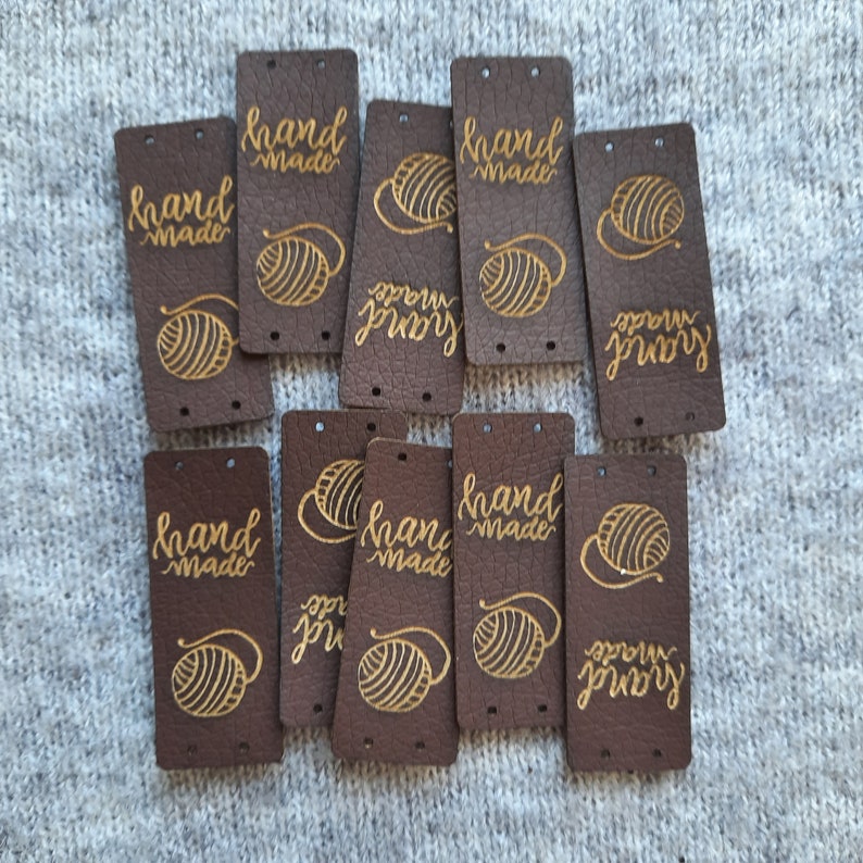 10x FAKE LEATHER TAGS Handmade and skein crochet, knit, knitting, products labels, gifts for knitters, custom labels for clothes, nobaa Dark brown