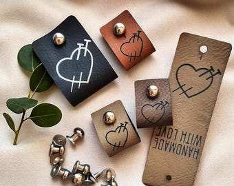 Handmade with love Labels for Knitting Projects; Custom Faux Leather Tags for Beanies, Hats, Clothes and Garments; Washable tags with rivets
