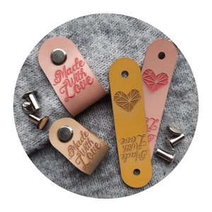 Made with Love-tags, labels van imitatieleer voor handgemaakte haak-, brei- en naaiprojecten; handgemaakte, wasbare labels voor beanies en mutsen