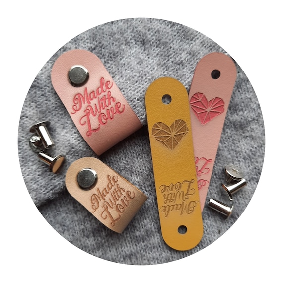10x PREMIUM PU leather tags with metal rivet "Made with love and heart"- knitting crocheting labels - diy - craft labels - hat