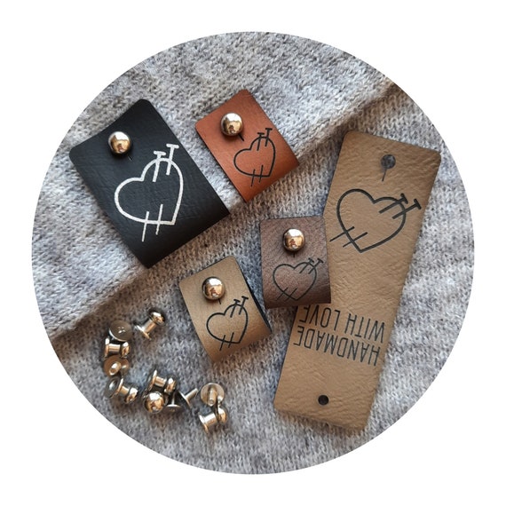 10x PU leather tags "Heart & knitting needles" with metal rivet  - 4 colors - wool - knitting labels - diy - craft labels - hat
