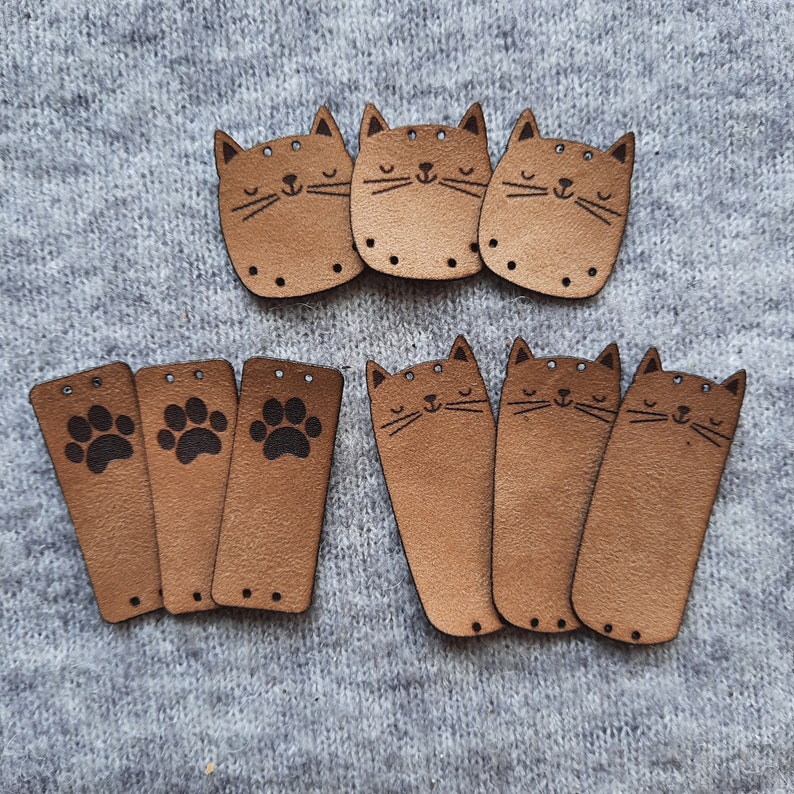 9x FAUX SUEDE handmade tag Cat Cute crochet tag, leather tag for handmade item, handmade label, label for handmade item, diy, craft nobaa Tan