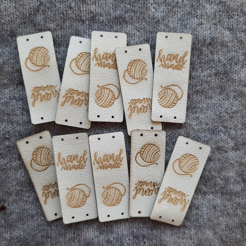 10x FAKE LEATHER TAGS Handmade and skein crochet, knit, knitting, products labels, gifts for knitters, custom labels for clothes, nobaa White