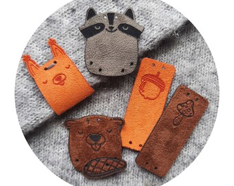 9x FAUX SUEDE handmade tag "Forest friends 2" Cute! crochet tag, leather tag for handmade item, handmade label, leather label, beanie tag