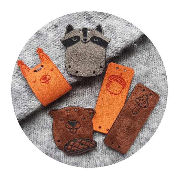 9x FAUX SUEDE handmade tag "Forest friends 2" Cute! crochet tag, leather tag for handmade item, handmade label, leather label, beanie tag
