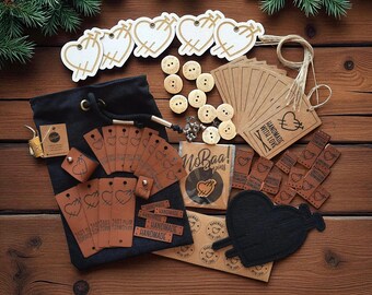 Handmade Gift Set for Knitters; Fake Leather and Suede Tags, Buttons, Stickers & More in Fabric Bag; Craft Supplies Kit; Grat Birthday gift