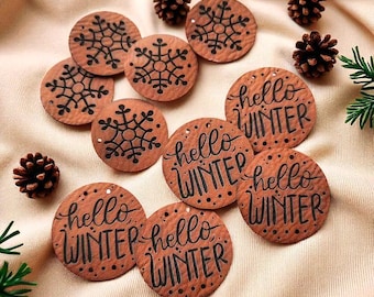 Winter & Christmas Faux Leather Tags; Washable Festive Handmade Labels for Knitting, Crochet and Sewing; Handmade tags for beanies and hats