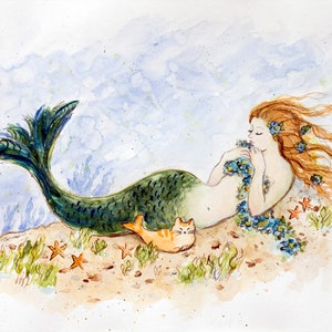 Mermaid greeting card, 5x7, Mermaid art, beach art, from watecolor by Tina Obrien