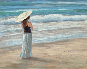 Beach print, beach art, girl, woman, coastal, nautical, shabby shic, impressionistic, from original oil painting by Tina Obrien