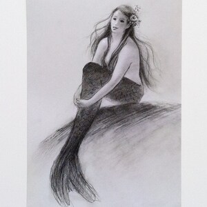 Mermaid greeting card, girl, nautical, coastal, beach art, mermaid from original graphite drawing on pastel paper by Tina O&#39;Brien