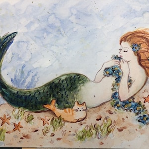 Mermaid Cat Nap, 11x14 print by Tina Obrien, beach art, mermaid, purrmaid