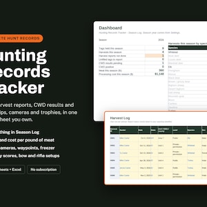 May include: A digital hunting records tracker spreadsheet template featuring a dashboard and harvest log. The text includes Complete Hunt Records, Hunting Records Tracker, and details on tags, harvest reports, and meat costs. Compatible with Google Sheets and Excel.