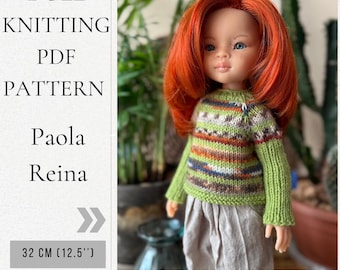 Knit sweater "Striped Party" PDF PATTERN for doll Paola Reina 32 cm (12.5''), dolls clothes, pullover knitting pattern