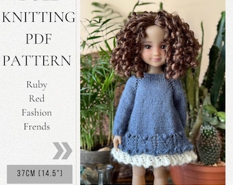 KNITTING Dress "Woodland Bells" PDF PATTERN for doll Ruby Red  14.5“ / 36 cm, dolls clothes, doll's knit dress