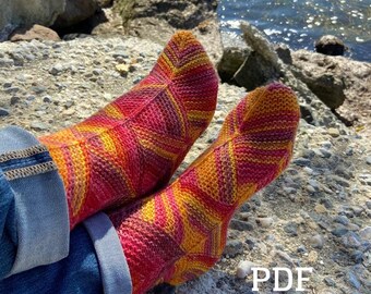 Knitting Socks PDF Pattern, knitted socks pattern download, mitered square, striped socks, modular knitting socks, patchwork knit socks PDF