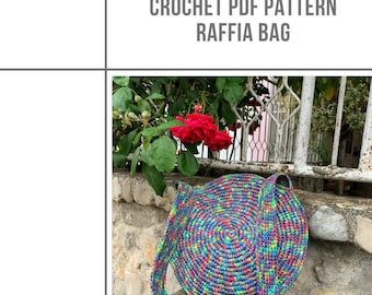 Crochet circle Raphia Bag Pattern, PDF crochet Pattern, DIY crochet tote bag, crochet Katia raphia round Bag pattern, raffia bag pattern