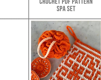 Crochet Spa Set PDF Pattern, inset mosaic crochet Bathroom Set pattern, Shower Puff Download, crochet Washcloth PDF, overlay Face Scrubbies