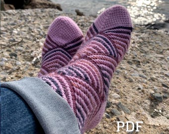 Tunisian crochet Socks PDF Pattern, afghan crochet socks pattern download, mitered square, afghan crochet, striped sock PDF, modular crochet