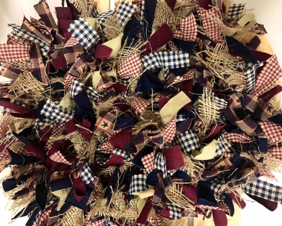 Primitive Burgundy And Tan check Homespun 6 Ft Fabric rag garland 