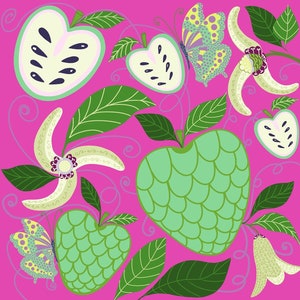 May include: A seamless pattern featuring green and white cherimoya fruit, butterflies, and white flowers on a pink background.