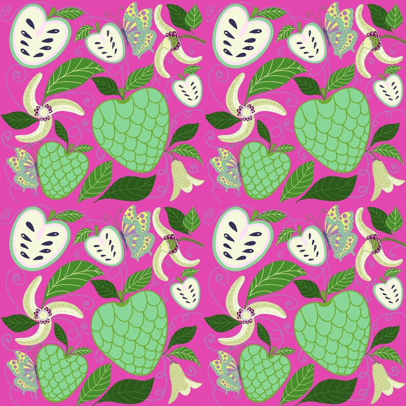 May include: A seamless pattern featuring green and white cherimoya fruit, butterflies, and white flowers on a pink background.