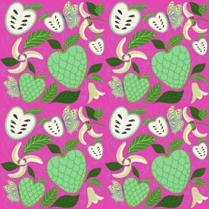 May include: A seamless pattern featuring green cherimoya fruit, white flowers, and butterflies on a pink background.