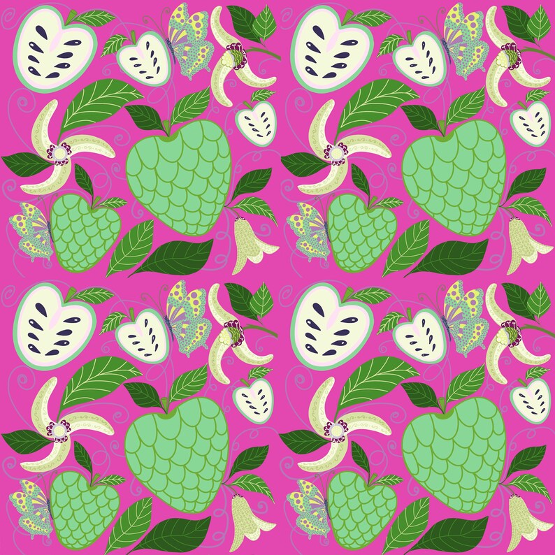 May include: A seamless pattern featuring green cherimoya fruit, white flowers, and butterflies on a pink background.