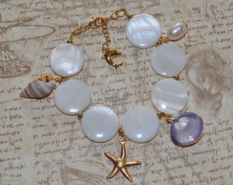 Ocean Treasures Bracelet • Mother of Pearl, Freshwater Pearl & Shells • 18K Gold-Plated Dolphin and Starfish Charms • Mermaidcore Bracelet