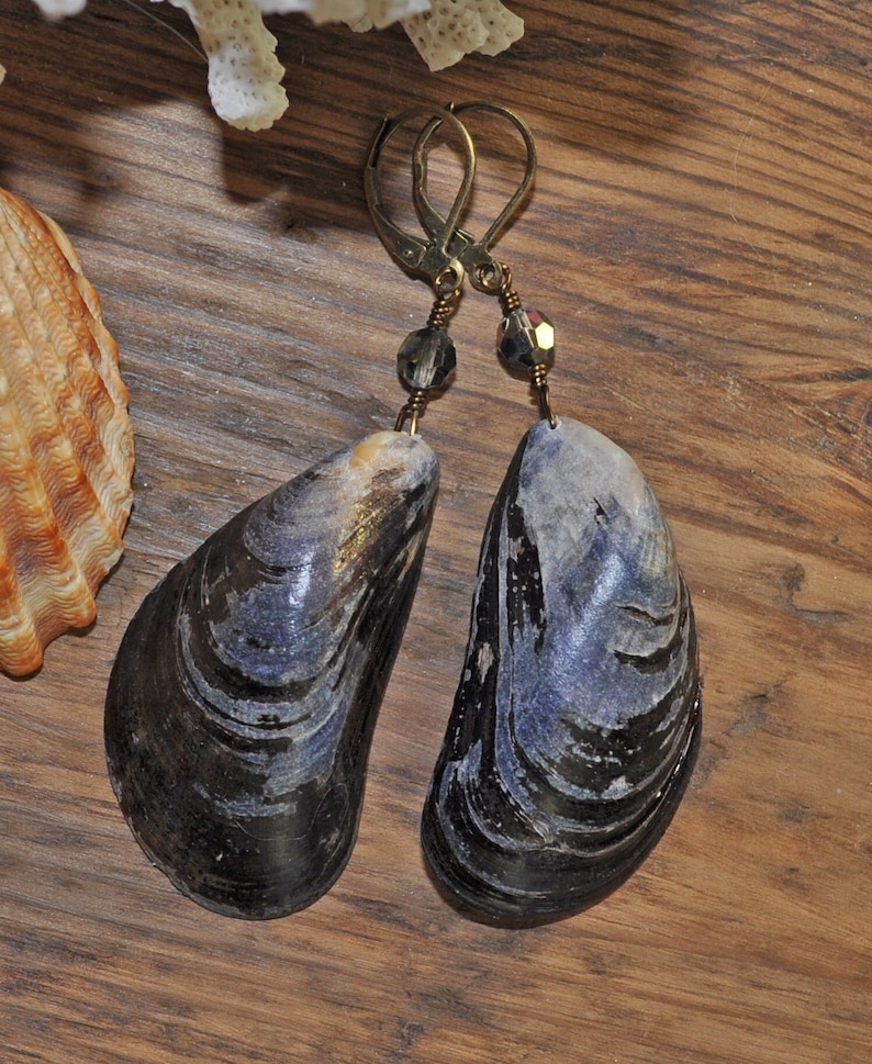 Blue Mussel & Vintage Swarovski Earrings, Beach Chic, Natural Jewelry ...