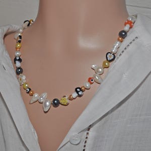 Fresh & Playful Beaded Necklace • Freshwater Pearls, Millefiori, Mushrooms and Evil Eye • Yellow Orange Black • Y2K Summer Jewelry • 90's