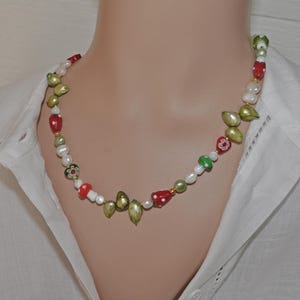 Fresh & Playful Beaded Necklace • Y2K Pearl Necklace • Freshwater Pearls, Millefiori and Lampwork Beads • Whimsical 90s Style Jewelry