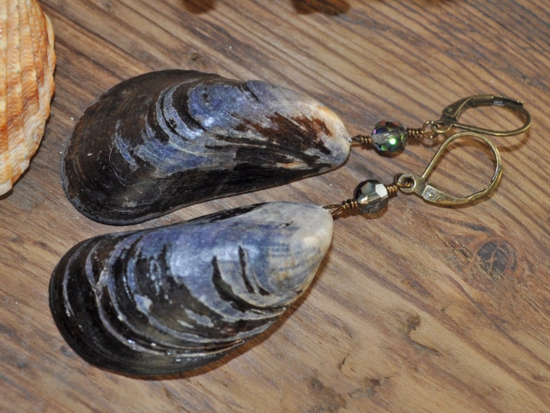 Blue Mussel & Vintage Swarovski Earrings, Beach Chic, Natural Jewelry ...