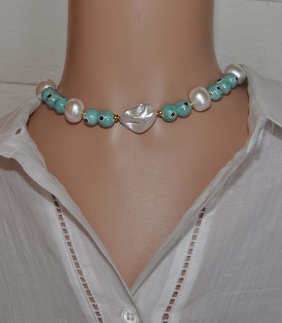White Shell Pearl Turquoise Evil Eye Choker • 38–43cm Adjustable