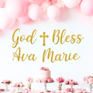 God Bless Banner, Personalized Baptism Banner, First Communion Party Decorations, Confirmation Banner, Christening Decor, God Bless Sign