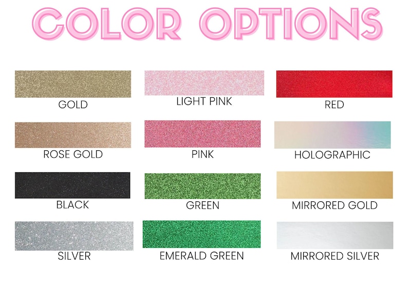 Puede incluir: Opciones de color para un producto, incluyendo oro, rosa claro, rojo, oro rosa, rosa, hologr&aacute;fico, negro, verde, oro espejado, plata, verde esmeralda y plata espejada.