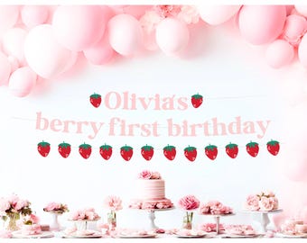 Erdbeere 1. Geburtstagsbanner, Beere erster Geburtstagsbanner, Erdbeer-Thema-Party-Dekor, süßes benutzerdefiniertes Banner, Smash-Kuchen-Hintergrund