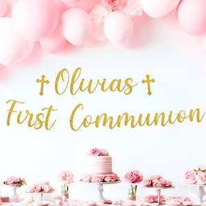 Erste heilige Kommunion-Banner, personalisierte Glitter Banner, benutzerdefinierte Kommunion Partydekorationen, Gold Kommunionschild für Mädchen, God Bless Banner