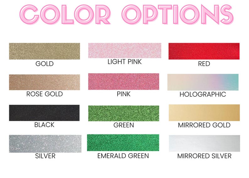 K&ouml;nnte beinhalten: Farboptionen f&uuml;r ein Produkt, darunter Gold, Hellrosa, Rot, Ros&eacute;gold, Pink, Hologramm, Schwarz, Gr&uuml;n, Spiegelgold, Silber, Smaragdgr&uuml;n und Spiegelsilber.