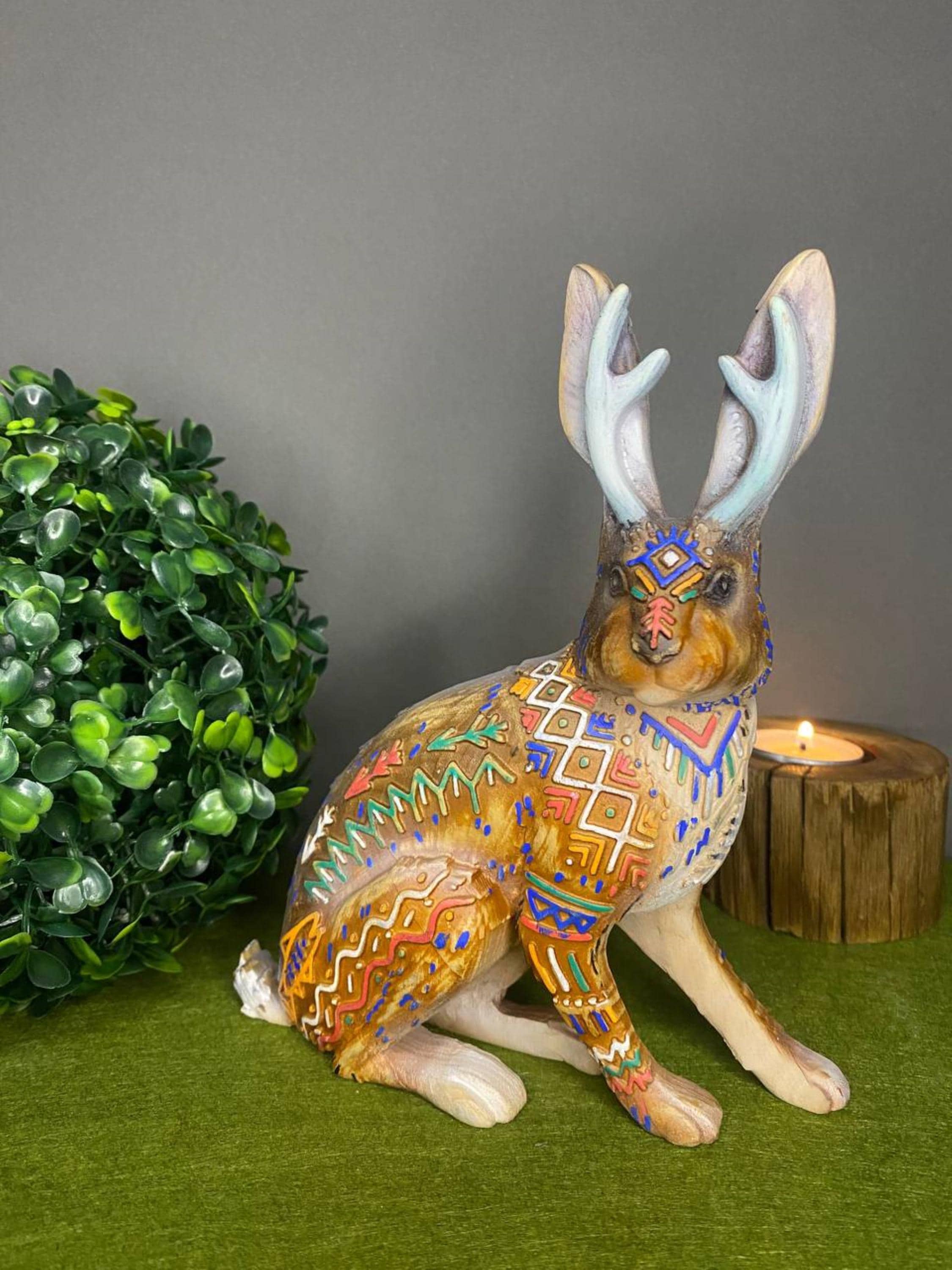 Jackalope Wooden Statue – Horned Rabbit Figurine, Mythical Forest ...