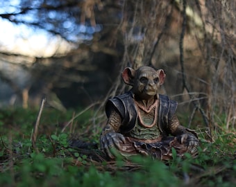 Hand-Carved Wooden Goblin Figurine: Meditative Fantasy Decor