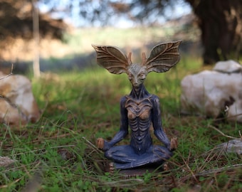 Handmade Ash Wood Alien Statue, Meditating Extraterrestrial Figurine