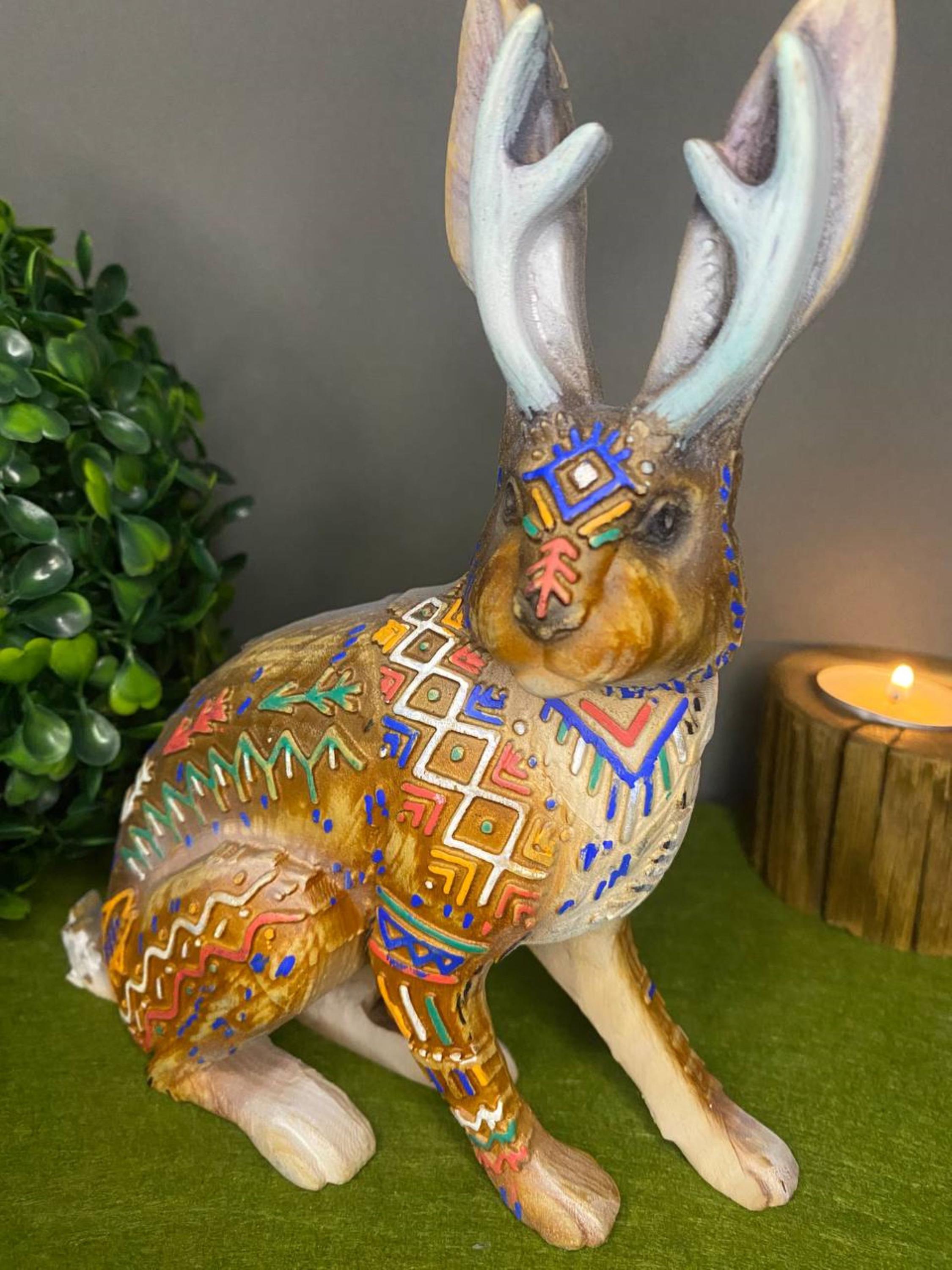Jackalope Wooden Statue – Horned Rabbit Figurine, Mythical Forest ...
