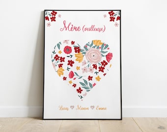 Affiche maman personnalisée coeur fleuri - Affiche fête des mamans personnalisée - Cadeau fête des mamans - fête des mamans - fête des mères