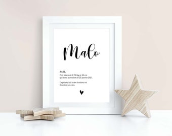 Affiche naissance prénom personnalisée - Affiche prénom bébé - Cadeau naissance personnalisé