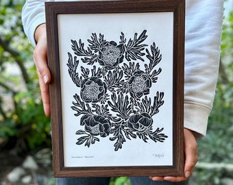 California Peonies Handmade Unique Linocut Print Art