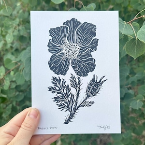 Prickly Poppy hand-carved linocut print unique art piece