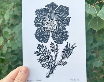 Prickly Poppy hand-carved linocut print unique art piece