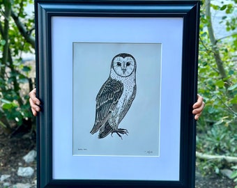Barn Owl Block Print Handmade Unique Linocut Art